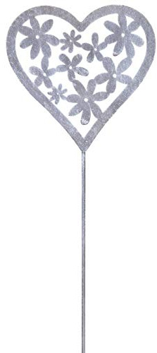 B2S BACK2SEASON Gartenstecker Herz mit Blüten Metall Blumen Stecker Blumenstecker Gartendekoration grau H60 cm