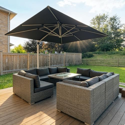 PURPLE LEAF Parasol Déporté 3 x 3 m Carré avec LED, Parasol de Jardin Extérieur à Toit Double Rotatif 360°,Protection UV, Pour Terrasses, Piscines, Restaurants Extérieurs, Patio, Gris acier