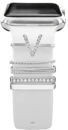 5 Pcs Breloques pour Bracelet Apple Watch 46mm 42mm 44mm 40mm 41mm 45mm 38mm 49mm Femme,Anneau Décoratif iWatch 10 9 8 7 6 5 4 3 SE/Galaxy Watch 7 6 5 4 Smart Watch Band Métal Brillant Accessoires