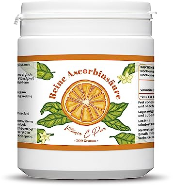 Vitamin C Pure 500g - Vitamin C Pulver - Reine Ascorbinsäure - 500 Tage Vorrat x 1000mg Hochdosiert - Mit Messlöffel - Vegan - Premiumqualität