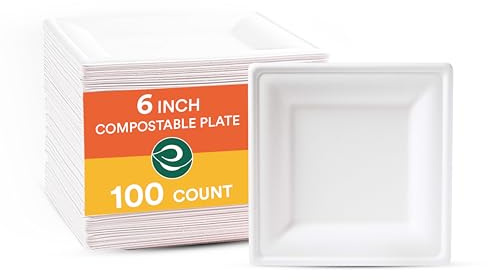 ECO SOUL Pearl White Square 6” (15cm) Bagasse Pappteller (100 Stück) Einweggeschirr und 100% Kompostierbares, Umweltfreundlich Partygeschirr, Robust Campinggeschirr, Mikrowellen- und Ofenfest