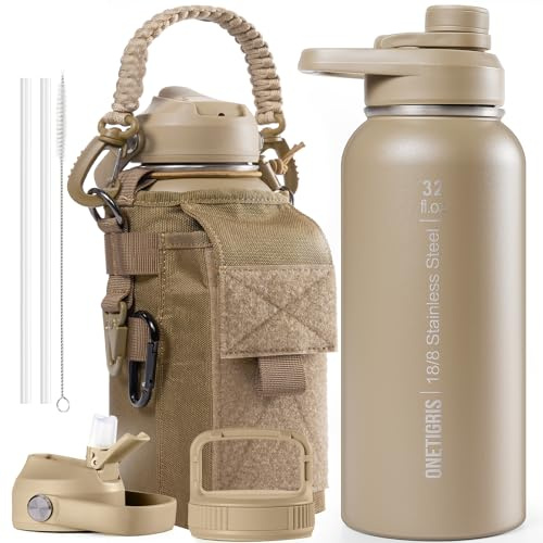 OneTigris Edelstahl Trinkflasche, Wasserflasche 0,9L Hohe Kapazität, Sportflasche mit gute Isolationswirkung für Fahrrad, Camping, Yoga, Gym, Softair, Coyote Braun, 32OZ