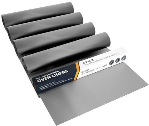 Oven Liners for Bottom of Oven - 4 Pack Large Heavy Duty Mats, 17”x25” Non-Stick Reusable Liner for Electric, Gas, Toasters, Grills - BPA & PFOA Free Kitchen Accessory to Keep It Clean (Silver)