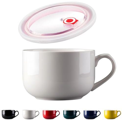 Dowbom Bol à soupe avec couvercle, bol à ramen en porcelaine, bol à nouilles instantanées pour micro-ondes (blanc)