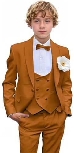 Costume 3 pièces slim fit smoking pour garçon pour tenue de mariage costume enfant ensemble châle revers blazer gilet double boutonnage, Orange, 14 ans