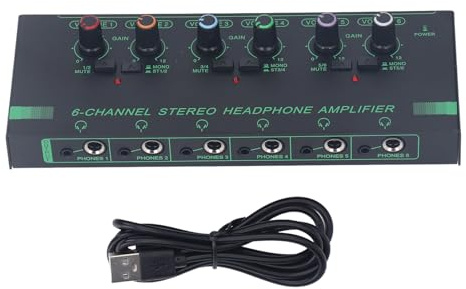 XUMIUZIY Headphone Amplifier, 6 Channel Stereo Headphone Amplifier, Stereo Mono Switch, with Independent Volume Control, Compact Mini Earphone Splitter for Studio & Stage