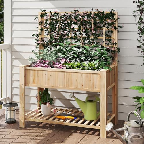 RELAX4LIFE Jardiniere sur Pieds avec Treillis, Jardiniere Treillis en Bois, Carre Potager sur Pied, Étagère Inférieure pour Outils, Trou de Drainage, Fond Amovible, pour FleursLégume Herbe (Naturel)