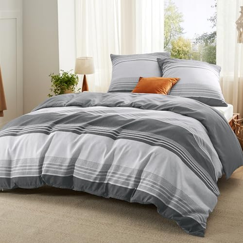 Bedsure Housse de Couette 220x240 cm - Parure Réversible en Polyester Oeko-TEX - Set de Literie 3 Pièces Housse de Couette 220x240 + 2 Taies d'oreiller 65x65 cm avec Fermeture Éclair, Rayures Grises