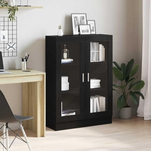 Mandloder Bücherschrank Schwarz Eichen-Optik, 82,5x30,5x115 cm, 3 Fächer mit Glastüren, robuster Holzwerkstoff, für Bücher, Deko, Zeitschriften, vielseitiger Bookcase für Wohnzimmer