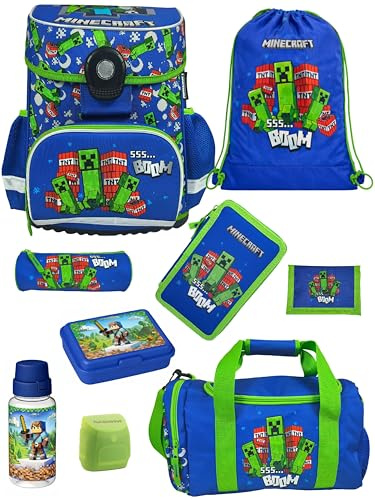 Familando - Schulranzen Set 9-teilig mit Lunch-Set - Minecraft - Ergonomisch, stabil & mit gepolstertem Rücken - 1250g leicht - 18L Volumen - Mit Reflektoren - Für Grundschule ab 1. Klasse