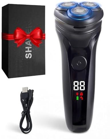 Rasoir Électrique Homme avec Écran LCD, Rasoir Électrique Sans Fil Rechargeable, IPX5 Étanche pour Rasage Sec et Humide, 3 Têtes Rotatives Double Piste, Tondeuse Pop-Up Intégrée, Peau Sensible(Noir)