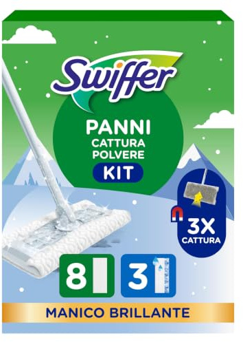 Swiffer Starter Kit Catturapolvere E Lavapavimenti Per La Pulizia Di Pavimenti In Legno E Altri Materiali, Include: 1 Scopa, 8 Panni Catturapolvere, 3 Panni Lavapavimenti