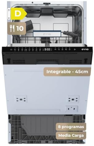EVVO Lavavajillas Integrable Di.3 Slim 45 cm - Lavavajillas Pequeño Panelable de 10 Cubiertos, Clase D, 8 Programas con Modo Auto, Apertura Automática de Puerta y Media Carga, Lavaplatos Estrecho