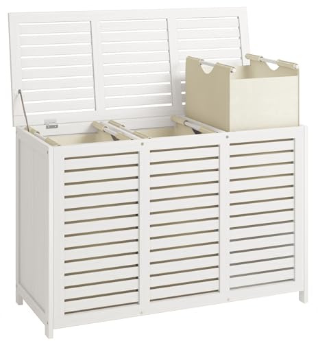 AdelDream Tvättkorg med lock av bambu 150 l, stor tvättkorg | 3 fack,randig design,avtagbar, oberoende tvättpåsar, tvättkorgar vit