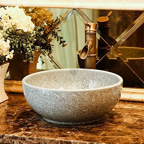 Keramik-Aufsatzwaschbecken Handwaschbecken Waschplätze mit Crackle-Effekt, Kasbah bemalt, gemustert, rund, Keramik, Handarbeit, 350 mm, 300 mm (40 cm, grau)