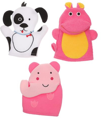 Lurrose 3Pcs Baby Bath Mitt Animal Bath Puppet Washcloths Gloves Cute Elephant Puppy Penguin Bath Sponge Body Scrub Soft Body Scrubbing Gloves for Toddler Infant Bath Shower