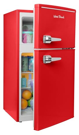 West Bend Mini Fridge with Freezer Retro-Styled for Home Office or Dorm, Features Dual Doors Removable Glass Shelves Manual Defrost and Mechanical Adjustable Temperature Control, 3.1-Cu.Ft, Red
