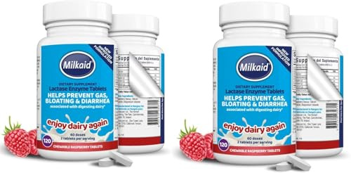 2 x 120 Milkaid Tablets - Milkaid Lactase Enzyme Chewable Tablets for Lactose Intolerance Relief | Prevents Gas, Bloating & Diarrhoea | Fast Acting Dairy Digestive Supplement (2 Pack of 120s)