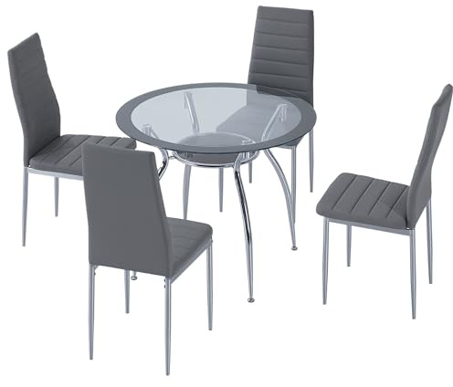 HOMCOM Set di tavolo da pranzo e 4 sedie, set di mobili da 5 pezzi, tavolo rotondo in vetro temperato Ø90 x 75 cm e 4 sedie con gambe in acciaio, carico 120 kg, 42 x 52 x 96 cm, grigio