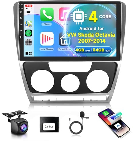 4G+64G Wireless Carplay Android 13 Autoradio 2 Din für VW Skoda Octavia 2007-2014 mit Wireless Android Auto GPS Navi WiFi 10.1 Zoll Autoradio mit Mirror Link Bluetooth FM/RDS/32 EQ/SWC Rückfahrkamera
