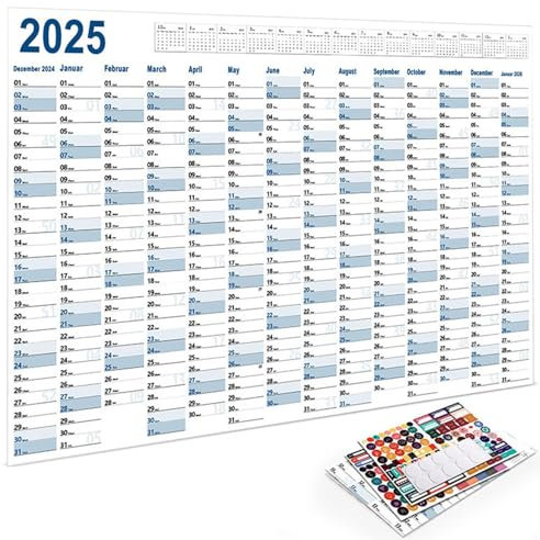 Jahresplaner 2025 XXL – Wandkalender 90 x 60 cm gefaltet im Format DIN A4 – Übersichtlicher Jahreskalender mit extra großen Tageskästchen für optimale Planung – Deutschsprachiges Kalendarium