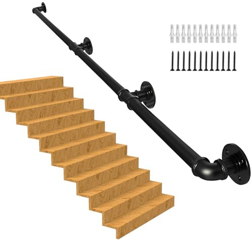Handlauf Treppe, Rutschfester Treppengeländer Innen und Außen, Geländer Treppe Rohrförmiges Handfußgeländer,Wandhandlauf mit Zubehör Handlauf Schwarz Komplettset (black, 3M)
