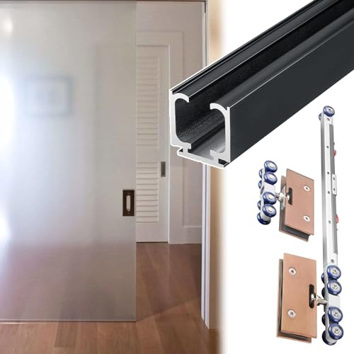 EXCLURA Binario per Porta Scorrevole Kit di Ferramenta per Porte Scorrevoli in Vetro Senza Telaio, Binario per Porte Scorrevoli in Vetro con Chiusura Ammortizzata(Black,390cm/12.8ft)