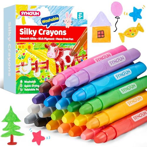 SYNCFUN 24 piezas de crayones sedosos giratorios, crayones lavables para papel, fáciles de sostener y suministros de arte de secado rápido, no tóxicos, sin desorden, regalos de cumpleaños, San