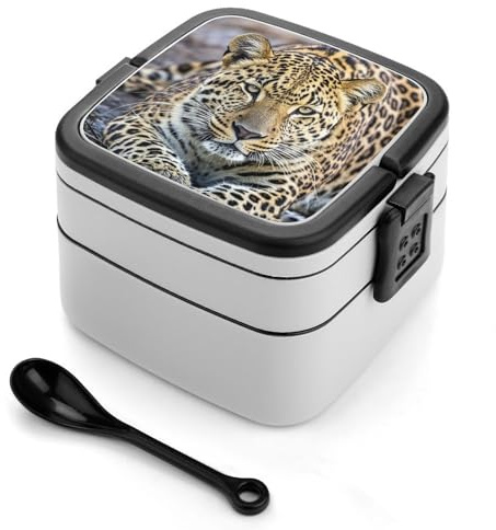 MXZERFKGLA Bento Box - Lonchera para adultos, contenedor de alimentos con utensilios, animales africanos, leopardo, fiambrera a prueba de fugas, caja bento de doble capa para cenar, trabajo, picnic