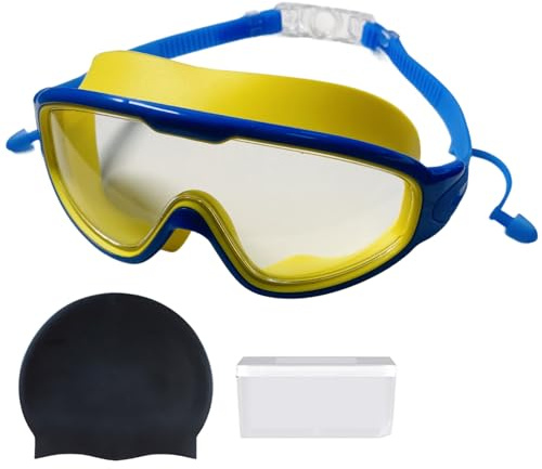 BABIBAOBEI Occhialini da nuoto con tappi per le orecchie, montatura grande, occhiali da nuoto per donne e uomini, montatura grande, con tappi per le orecchie