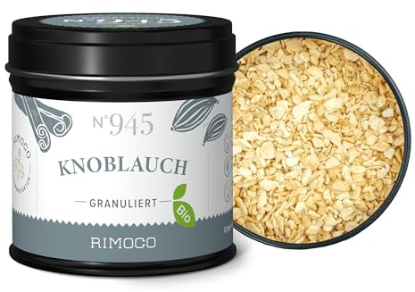Rimoco N°945 Bio Knoblauch Granulat - Knoblauch Flocken getrocknet und granuliert | herzhaft, würzig & intensives Aroma | in eleganter Gewürzdose mit Aromadeckel | Inhalt: 80g