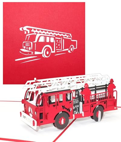 Pop Up Karte Feuerwehr - 3D Geburtstagskarte & Glückwunschkarte mit Löschzug - als Geschenkidee, Gutschein, Einladung & kleines Geschenk zu Geburtstag, Jubiläum und Einschulung