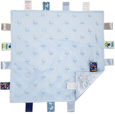 Soft Touch Taggie Comforter Baby Comfort Blanket with Sensory Tags and Bubble/Heart/Star/Foil Print Pattern (Blue Star)