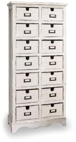 Loberon Kommode Lilburn, wunderschönes Antik-Finish, 14 Schubfächer mit Schildchenhaltern, Shabby Chic, Aufbewahrung, Kommodenschrank, Tannenholz, antikweiß