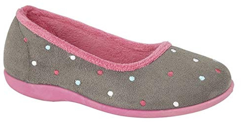 Sleepers Womens Isla Memory Foam Dotted Ballerina Slippers Grey/Fuchsia 6 UK