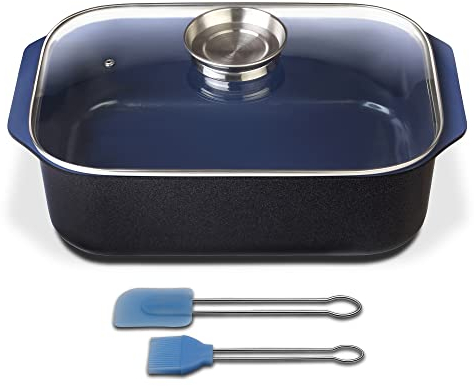 GSW 800419 Ceramica Bleu Cobalt Induction Plat à Rôtir Rectangulaire avec Couvercle Protection de l'Arôme en Verre 40 x 26 x 11 cm/Env. 8 L – avec Pinceau Set de 2 pièces