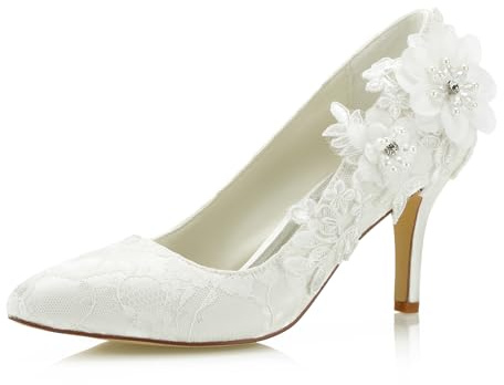 JIAJIA 1622 aux Femmes Chaussures de mariée Bout fermé 8cm Talon Aiguille Escarpins Satin en Dentelle Perle d'imitation de Fleur Chaussures de Mariage Couleur Ivoire, Taille 39 EU