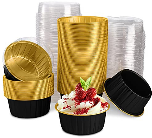DEAYOU 100 Stück Aluminiumfolien-Backförmchen mit Deckel, 142 ml, Einweg-Förmchen, Muffinförmchen, 7.6 cm Cupcake-Folieneinlagen, Törtchenform, Backform für Pudding, Hochzeit, Schwarz-Goldfarbe