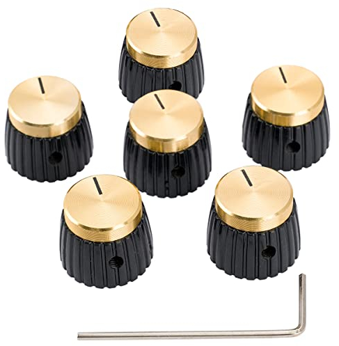 Musiclily Pro Universal Amp Potiknöpfe Knobs mit Schraubbar für Alle Potentiometer Marshall Verstärker, Schwarz mit Gold Aluminium Kappe (6er Set)