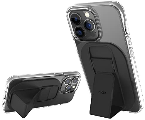 CLCKR Mobile Phone Grip Holder Compatible with MagSafe iPhone 14, iPhone 13 Series, Removable Magnetic Phone Kickstand with Finger Strap, 3500G Strength Magnet for Extra Strong Mount, Black