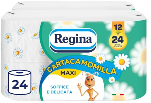 Regina Papel higiénico, 24 rollos de papel higiénico, 300 hojas de 3 capas, delicado y consistente, aroma de manzanilla, paquete de papel reciclable | 300 hojas suaves, delicadas y consistentes, perfume de manzanilla, paquete de papel reciclable, 100% certificado FSC