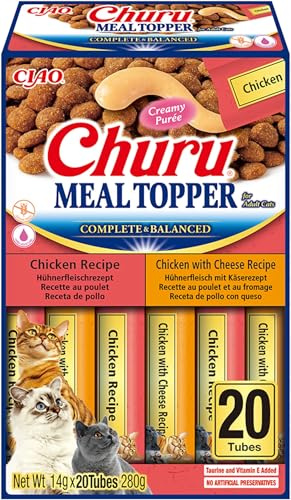 INABA Churu Meal Topper, Snack per Gatti Cremoso in 2 Varietà di Pollo - 20 Stick x 14gr - Condimento per Cibo Secco Gatti - Snack Gatto Senza Conservanti o Coloranti Artificiali, Grain-Free