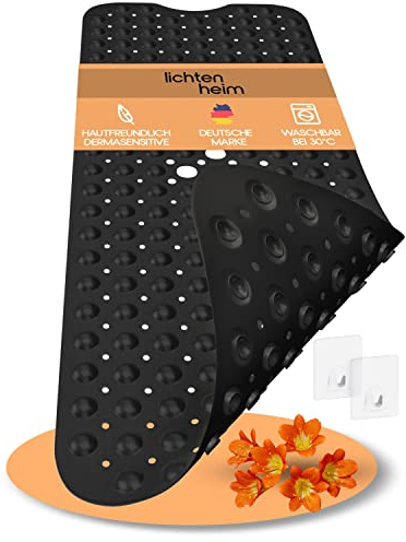 LICHTENHEIM Alfombrilla de ducha antideslizante Sensitiv 100 x 40 cm, incluye 2 ganchos, alfombrilla antideslizante para bañera, sin BPA, resistente al moho y lavable (negro)