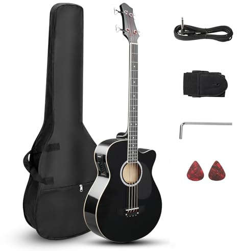 Ktaxon 4 String Acoustic Bass Guitar, Full Size Bass Guitar Kit with Portable Guitar Bag, Premium Cable, Wrench, Strap, Plectrum (Black)