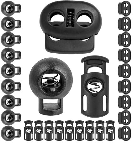 Kordel Stopper Set, 1- und 2-Loch, 30 Stück, Schwarz, für bis Ø 4 mm Kordeln, Band Klemme Bekleidung, Rucksack, Gummikordel Stopper, Schnellverschluss Schnürsenkel, Schnur Rutsche, Tanka Kordelstopper