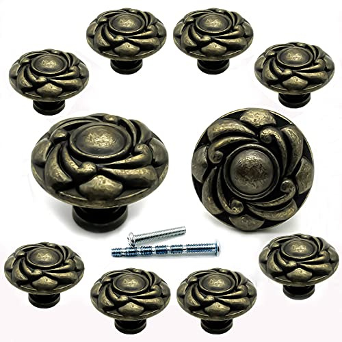 YOUYOUULU 10 pomelli per cassetti in bronzo anticato, colore rosa-bronzo, stile vintage, con motivo a fiore, decoro (anticato1)