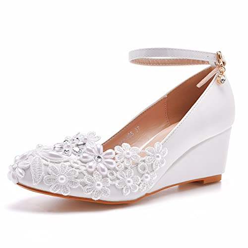 IDOBLO Chaussures De Mariage en Dentelle Blanche Calices De 5.5 Cm High Talons Party Femme Dance Pumps Dress Chaussures,Blanc,34.5 EU