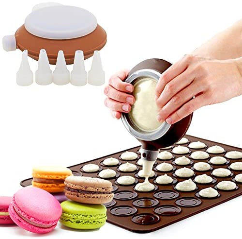 Hzyclzh Macaroon Baking Kit, Silicone Moulds & Mat, 48 Holes, Decorator Pen, Brown, Rustic Macaron Pan