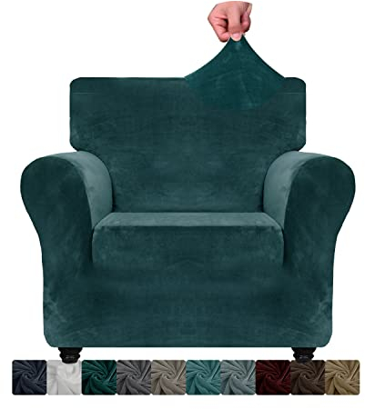 XINEAGE 1 Piece Velvet Chair Slipcovers for Living Room High Stretch Chair Covers with Arms Anti Slip Pets Friendly Couch Sofa Armchair Cover Furniture Protector (1 Seater, Blackish Green)