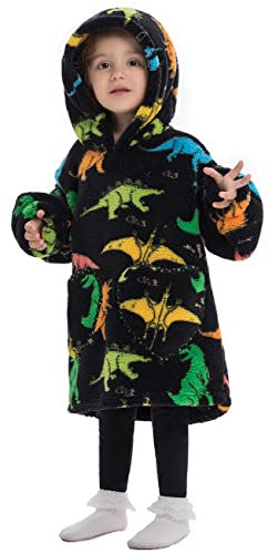 Kinder Tragbare Decken Übergroße Hoodie Sweatshirt Decken für Jungen Mädchen Teenager, Pullover Kapuzenpullover Oversized Tragbare Decke Weich Bequeme warmes (Mehrfarbige Dinosaurier, 7-13 Jahre)